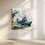 Nautical Wall Art Canvas Print of a shrimp boat framed by a calm coastal horizon, perfect for beach house decor