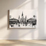 Minimalist Black and White Cathedral Wall Art Canvas Print capturing the symmetrical beauty of a classic cathedral facade.