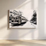 "Timeless New Orleans Canvas Print featuring monochrome streetcar gliding through historic streets of the French Quarter."