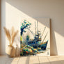 Vintage-inspired Nautical Wall Art Canvas Print with soft pastel tones and the Shrimp Boat Morgan on a still sea