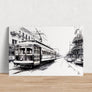 "Black and white New Orleans Canvas Print showcasing iconic streetcar with French Quarter architecture in the background."