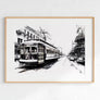 "New Orleans Canvas Print of black and white streetcar on St. Charles Avenue, highlighting vintage charm and historic city life."