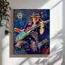 Striking black and white Music Wall Art Canvas Print of Carlos Santana, emphasizing his iconic stage presence and artistry.