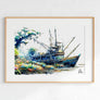 Nautical Wall Art Canvas Print featuring the Shrimp Boat Morgan docked in a tranquil coastal bay at sunrise