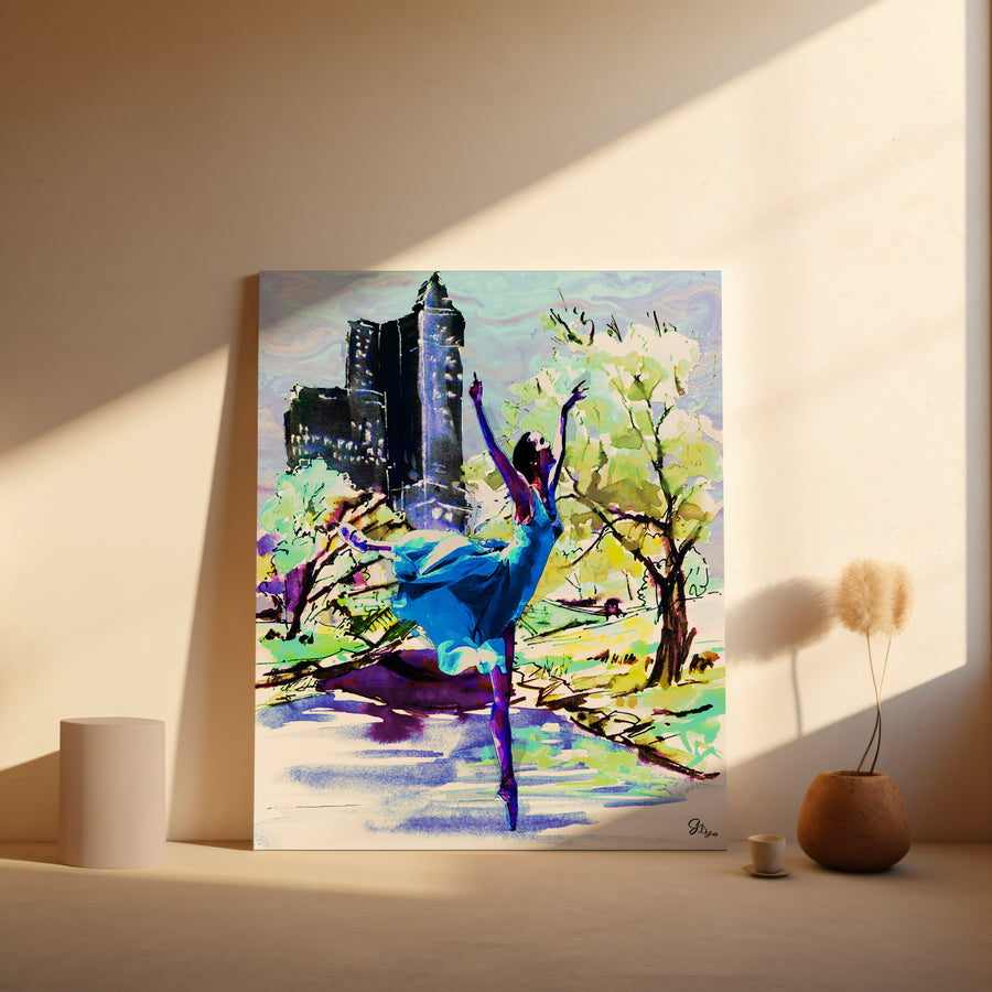 "Vibrant Dance Wall Art Canvas Print with silhouettes of performers moving through a golden-hour park scene."