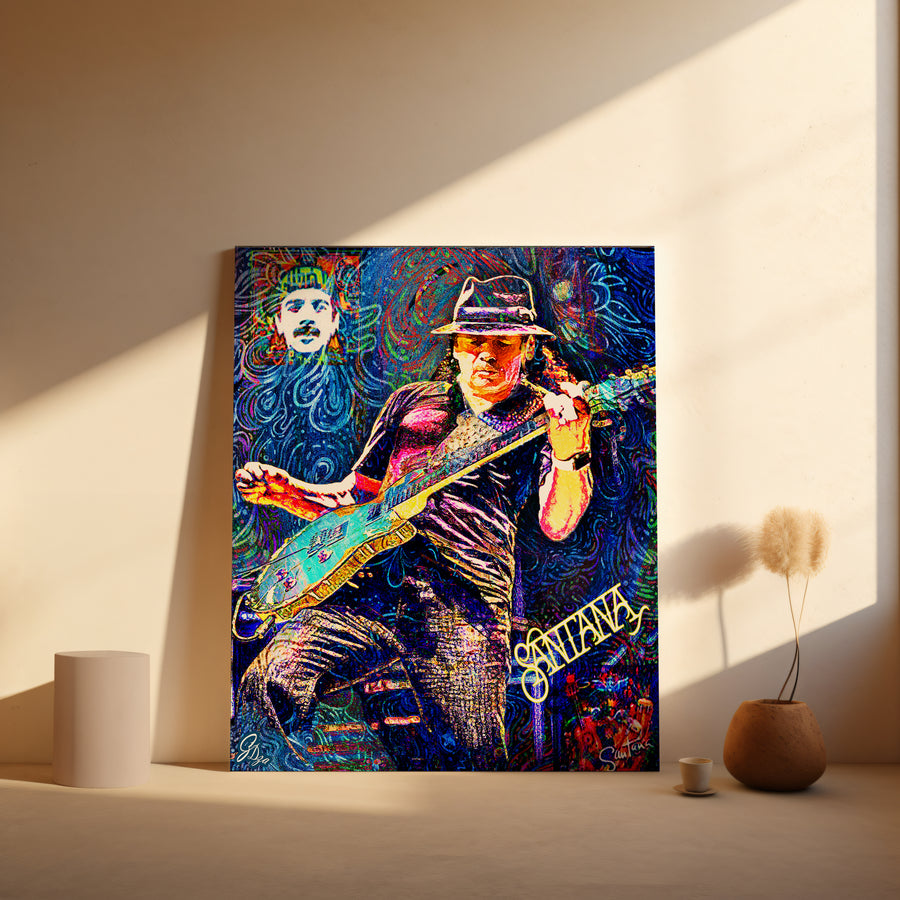 Vibrant Music Wall Art Canvas Print portraying the soulful energy of Carlos Santana, a must-have for guitar and rock fans.