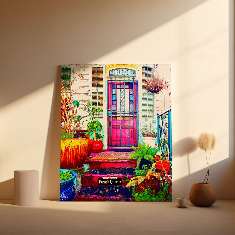 Colorful New Orleans French Quarter Architecture Art Print of a classic French-style building surrounded by lush garden touches.
