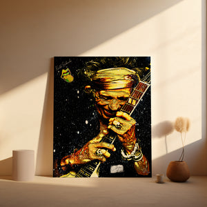 Classic Rock and Roll Wall Art Canvas Print showcasing Keith Richards with electric guitar, ideal for studio or man cave decor.