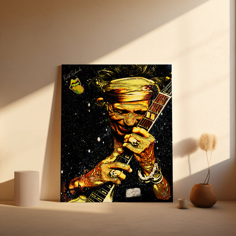 Classic Rock and Roll Wall Art Canvas Print showcasing Keith Richards with electric guitar, ideal for studio or man cave decor.