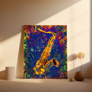 Premium Jazz Wall Art Saxophone Canvas Print with vibrant tones and musical symbolism perfect for jazz enthusiasts.