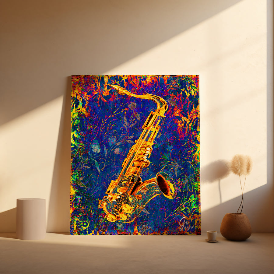 Premium Jazz Wall Art Saxophone Canvas Print with vibrant tones and musical symbolism perfect for jazz enthusiasts.