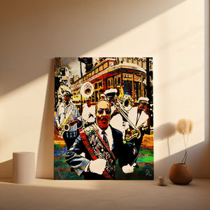 Detailed Jazz Wall Art Canvas Print featuring trumpets and trombones in a festive Algiers-style second line parade.