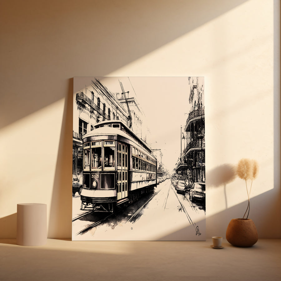 "Artistic New Orleans Canvas Print depicting nostalgic streetcar scene, perfect for vintage and travel-themed home décor."