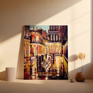 Framed view of a vintage iron bench in New Orleans’ French Quarter from The Bench in Quarter’s canvas – a New Orleans Ironwork Art Print