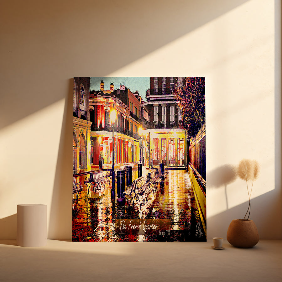Framed view of a vintage iron bench in New Orleans’ French Quarter from The Bench in Quarter’s canvas – a New Orleans Ironwork Art Print