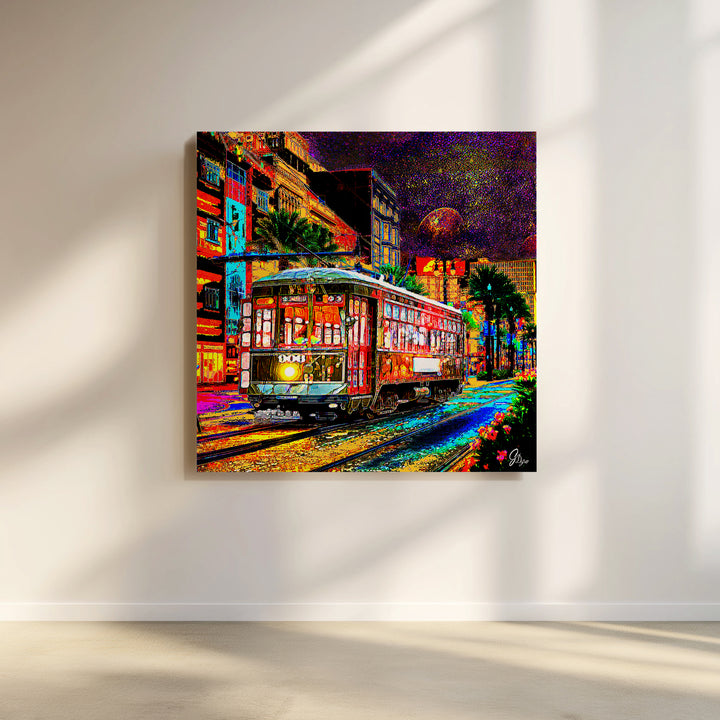 New Orleans Streetcar Art Print highlighting the vintage charm of the Desire line with French Quarter detail