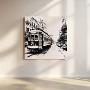 "Fine art New Orleans Canvas Print with retro black and white tones, celebrating the heritage of New Orleans streetcars."