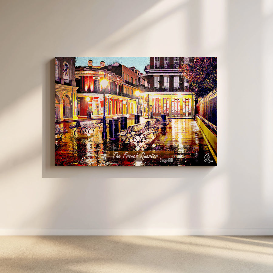 The Bench in Quarter’s – New Orleans Ironwork Art Print capturing architectural elegance of vintage French Quarter street scenes