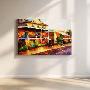 New Orleans Wall Art Canvas Print of Decatur Street blending classic architecture, wrought-iron balconies, and the energy of the Crescent City.