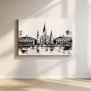 Minimalist Black and White Cathedral Wall Art Canvas Print capturing the symmetrical beauty of a classic cathedral facade.