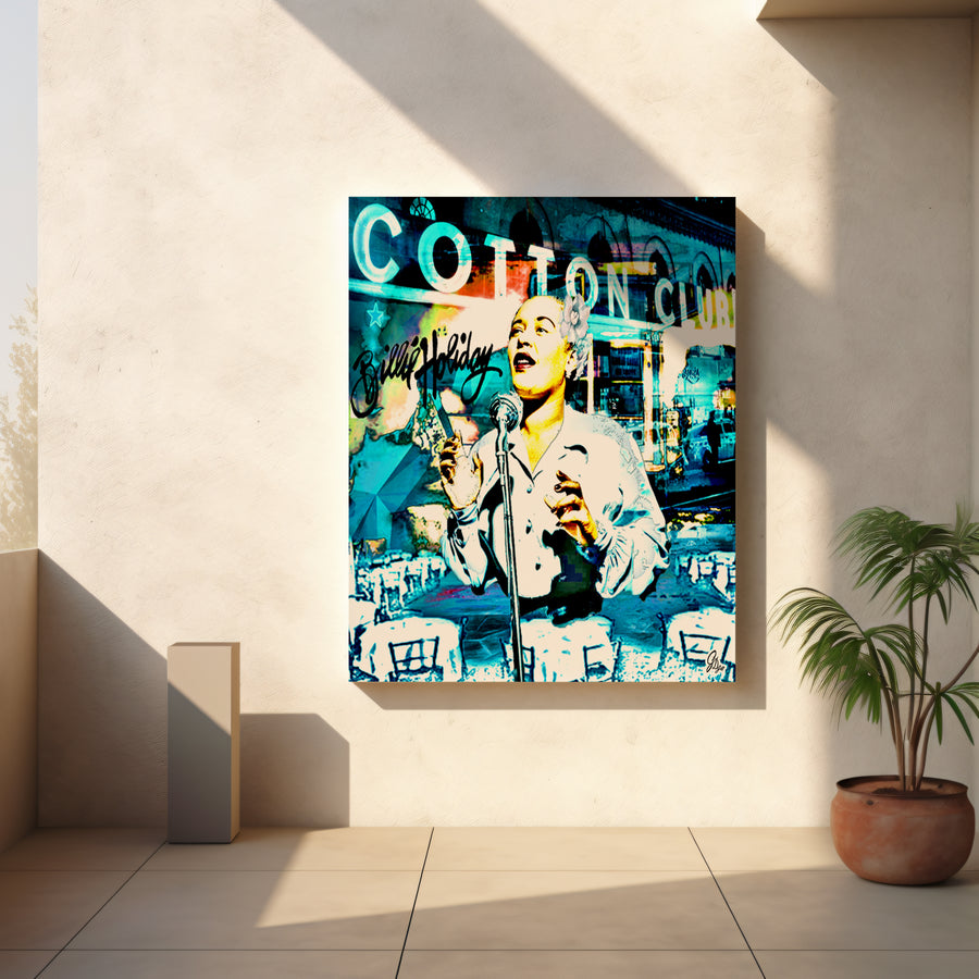 Gallery-quality Jazz Wall Art Canvas Print highlighting Billie Holiday’s legacy through expressive monochromatic design