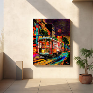 New Orleans Streetcar Art Print of the famous “Streetcar Named Desire” line surrounded by gas lamps and cobblestone streets