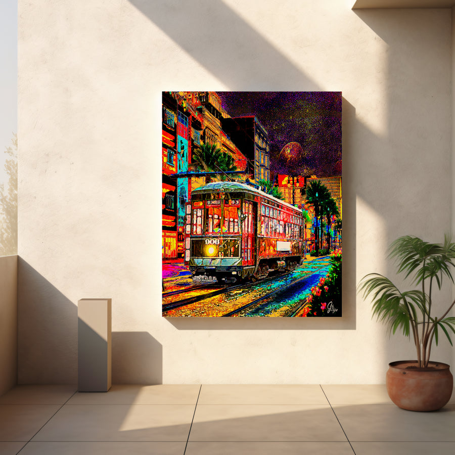 New Orleans Streetcar Art Print of the famous “Streetcar Named Desire” line surrounded by gas lamps and cobblestone streets