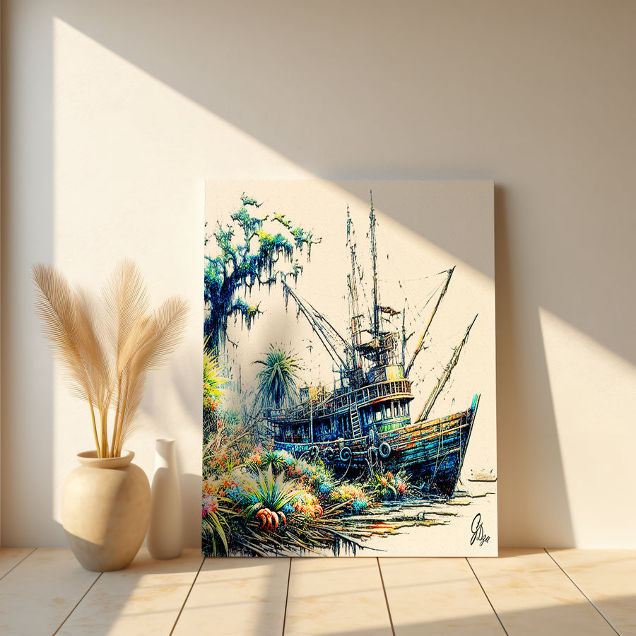 Vintage-inspired Nautical Wall Art Canvas Print with soft pastel tones and the Shrimp Boat Morgan on a still sea