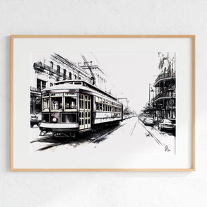 "New Orleans Canvas Print of black and white streetcar on St. Charles Avenue, highlighting vintage charm and historic city life."