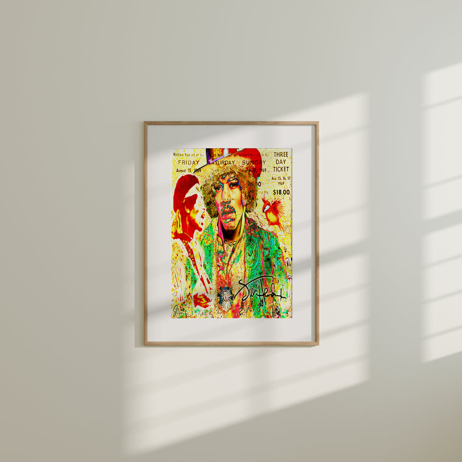 Rock Legend Canvas Art Print featuring a vintage Jimi Hendrix concert ticket design, honoring his iconic Woodstock performance.