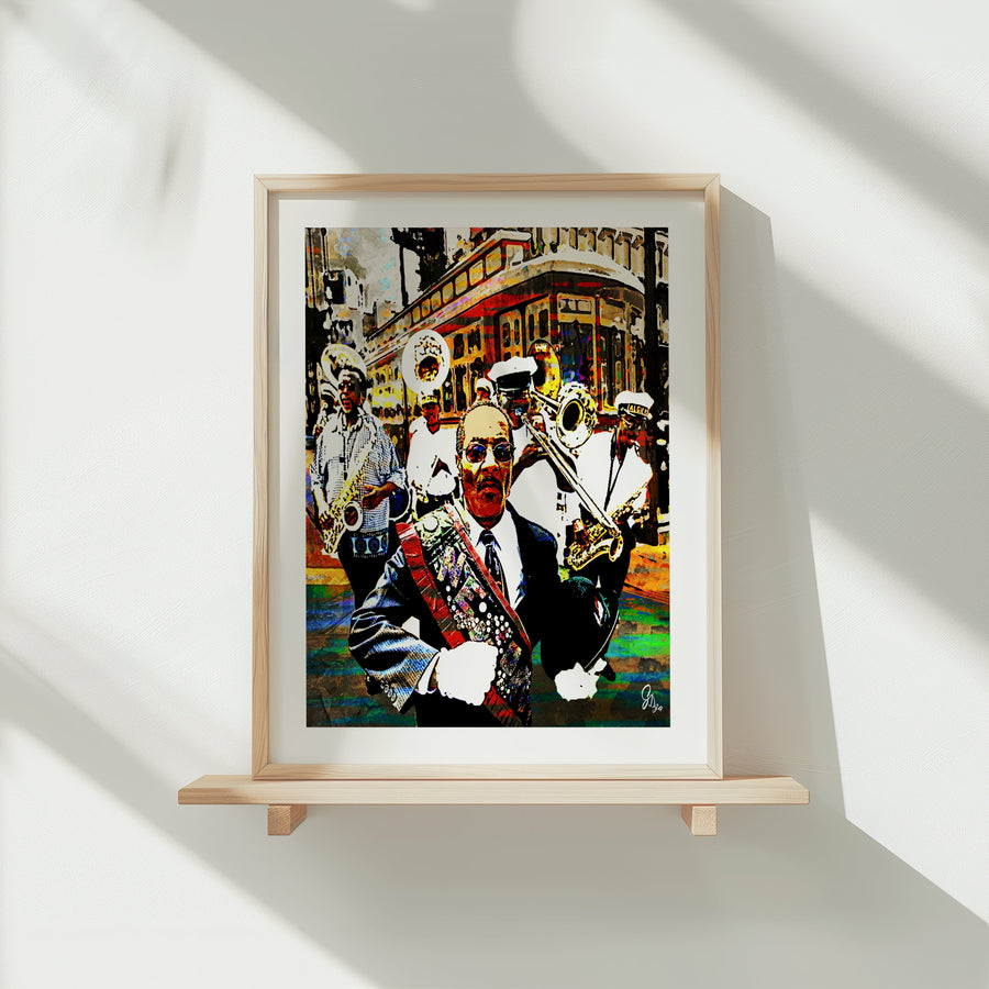 Vibrant Jazz Wall Art Canvas Print featuring the Algiers Brass Band in a dynamic street performance scene.
