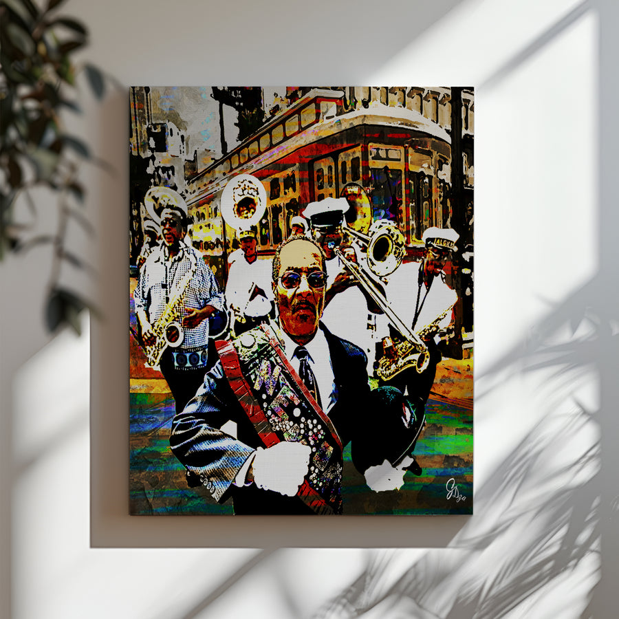 Algiers Brass Band Jazz Wall Art Canvas Print showcasing traditional New Orleans jazz with bold color and motion.