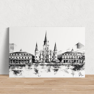 Timeless Black and White Cathedral Wall Art Canvas Print with dramatic light and shadow illuminating cathedral windows.
