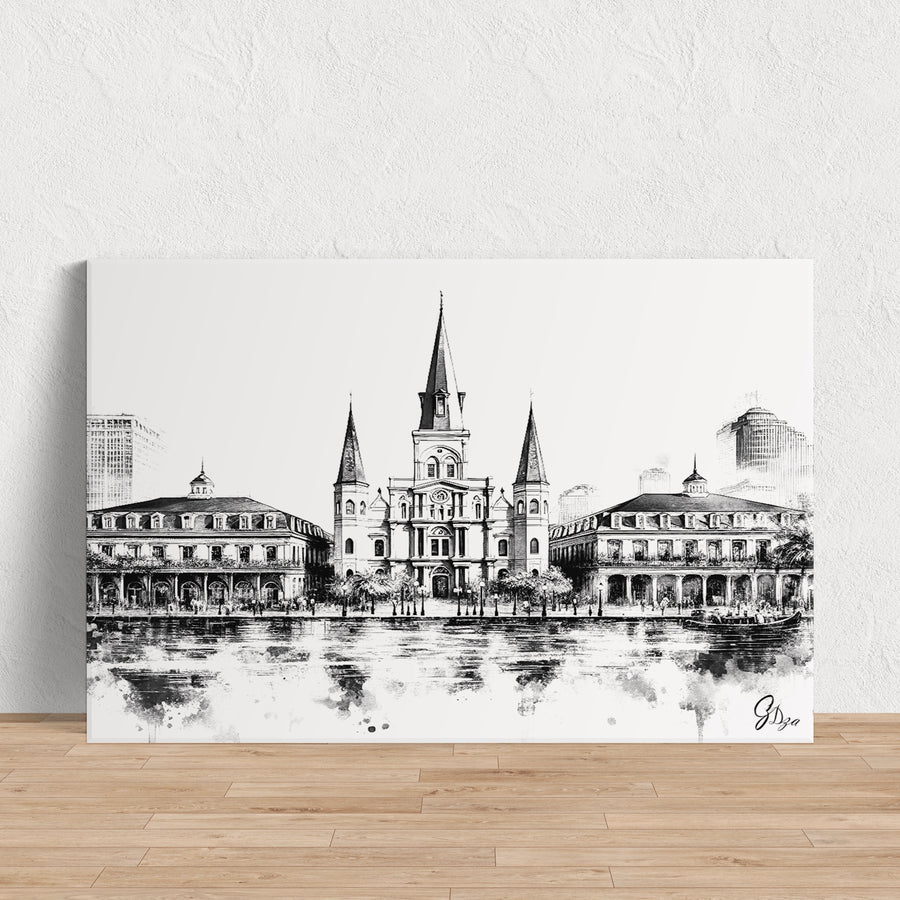 Timeless Black and White Cathedral Wall Art Canvas Print with dramatic light and shadow illuminating cathedral windows.