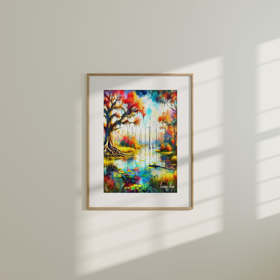 Scenic Landscape Wall Art Canvas Print showcasing Louisiana’s bayou landscape in warm, earthy autumn tones.