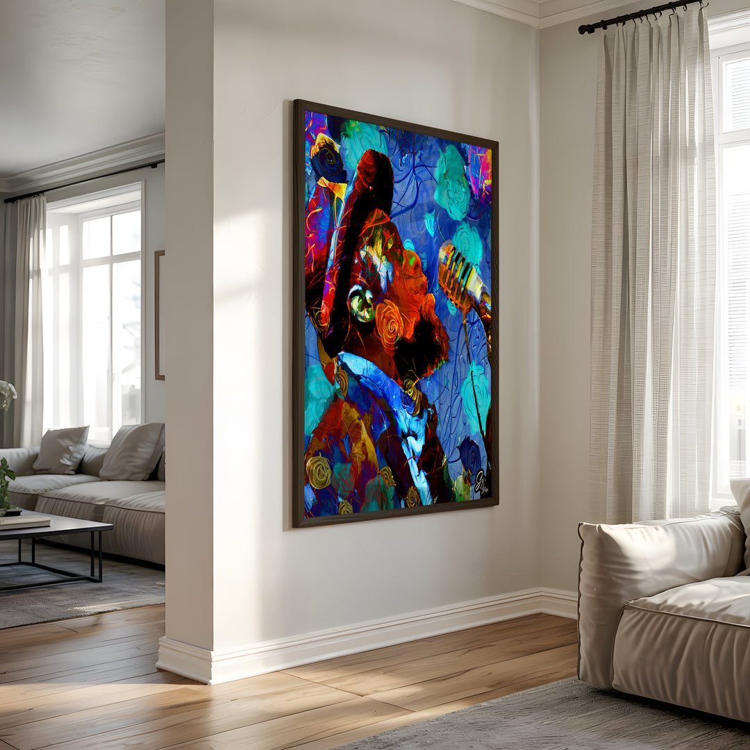 Blues in the Garden Music Wall Art Canvas Print Side View Black Frame
