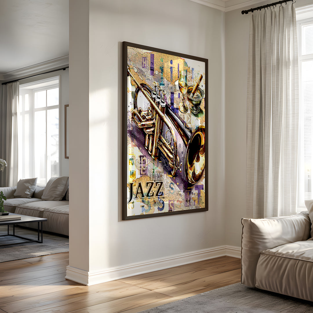 Cuban Jazz Trumpet Music Wall Art Canvas Print Side View Black Frame