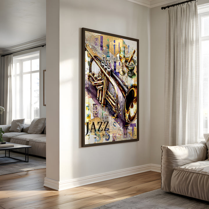 Cuban Jazz Trumpet Music Wall Art Canvas Print Side View Black Frame