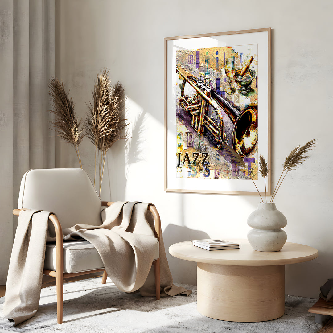 Cuban Jazz Trumpet Music Wall Art Canvas Print Side View Gold Frame