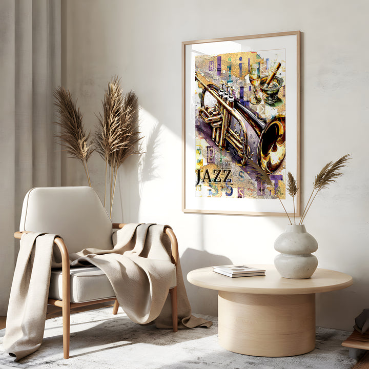 Cuban Jazz Trumpet Music Wall Art Canvas Print Side View Gold Frame