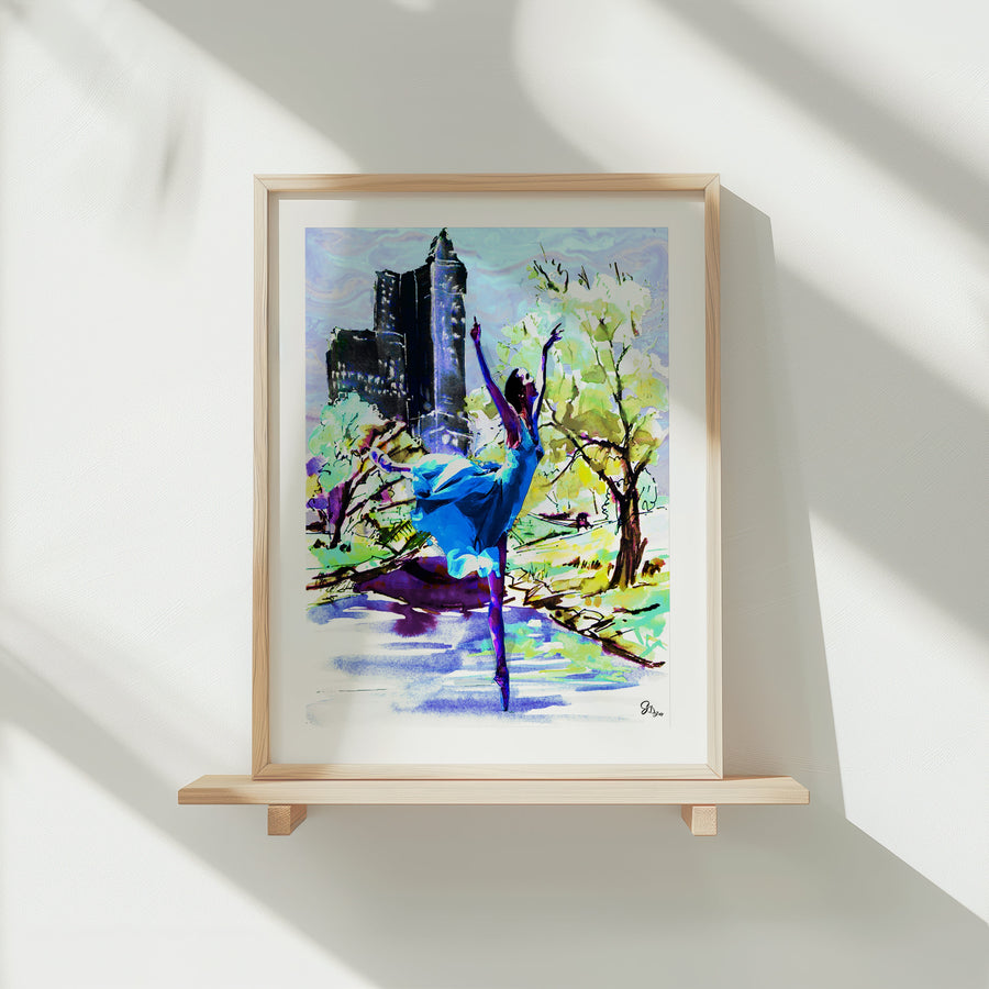 "Elegant Dance Wall Art Canvas Print of ballerinas in mid-pose under dappled sunlight, perfect for creative interior spaces."
