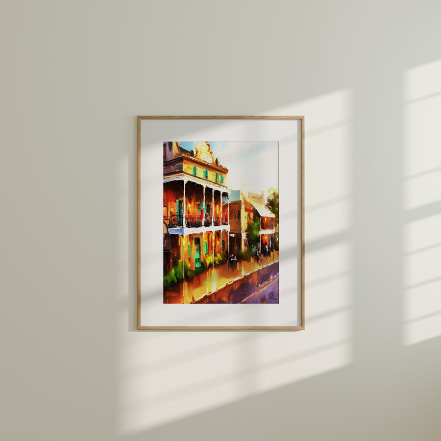 New Orleans Wall Art Canvas Print featuring a vibrant Decatur Street scene in the historic French Quarter with colorful storefronts and street life.