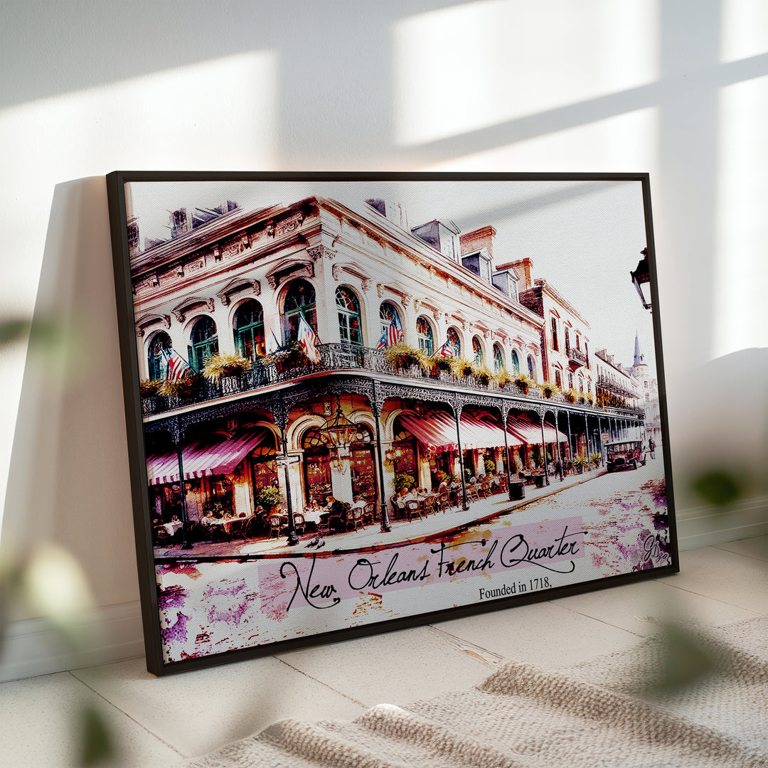 Founded in 1718 Series 1 New Orleans Wall Art Canvas Print Side View Black Floating Frame