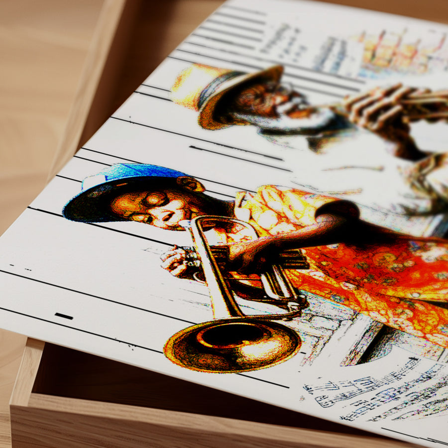 Vibrant Jazz Wall Art Canvas Print featuring abstract saxophone design as a tribute to Coltrane’s Giant Steps.