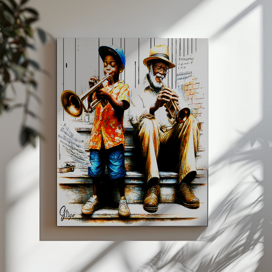 Stylized Jazz Wall Art Canvas Print celebrating Coltrane’s iconic jazz legacy with expressive brushwork and fluid lines.