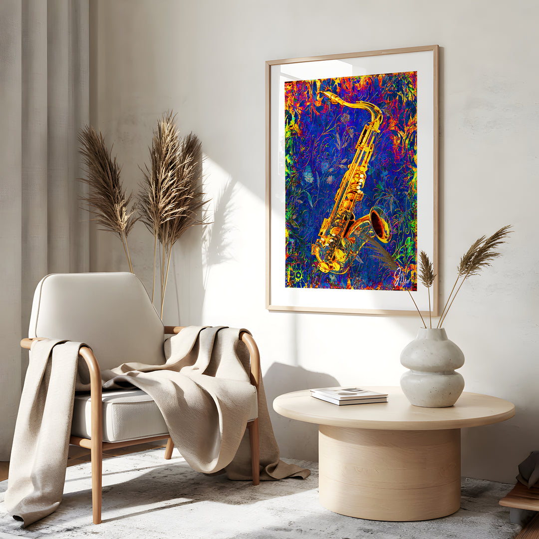Jay's Saxophone Music Wall Art Canvas Print Side View Gold Frame