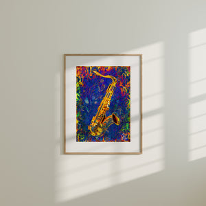 Dynamic Jazz Wall Art Saxophone Canvas Print showcasing a stylized saxophone inspired by Spyro Gyra’s Jay Beckenstein.