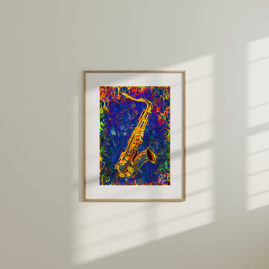 Dynamic Jazz Wall Art Saxophone Canvas Print showcasing a stylized saxophone inspired by Spyro Gyra’s Jay Beckenstein.