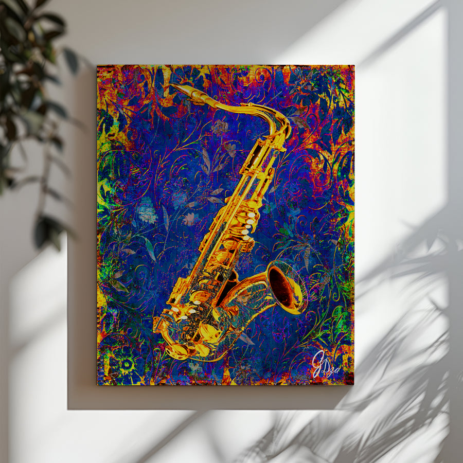 Colorful Jazz Wall Art Saxophone Canvas Print depicting the energy and emotion of live jazz performance.