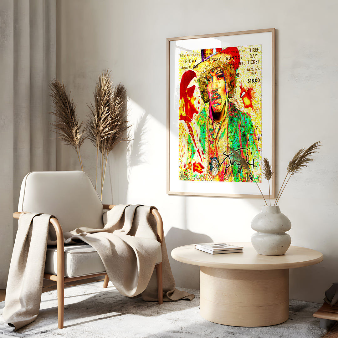 Jimi Hendrix Music Wall Art Canvas Print Side View Gold Frame